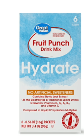 Great Value Fruit Punch Hydration Powdered Liquid Drink Mix, 0.56 oz, 6 Count