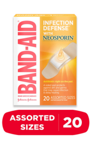 BAND-AID Adhesive Bandages Infection Defense with Neosporin Antibiotic Ointment, Pack of Assorted Sizes, for Wound Care and First Aid, 20 ct